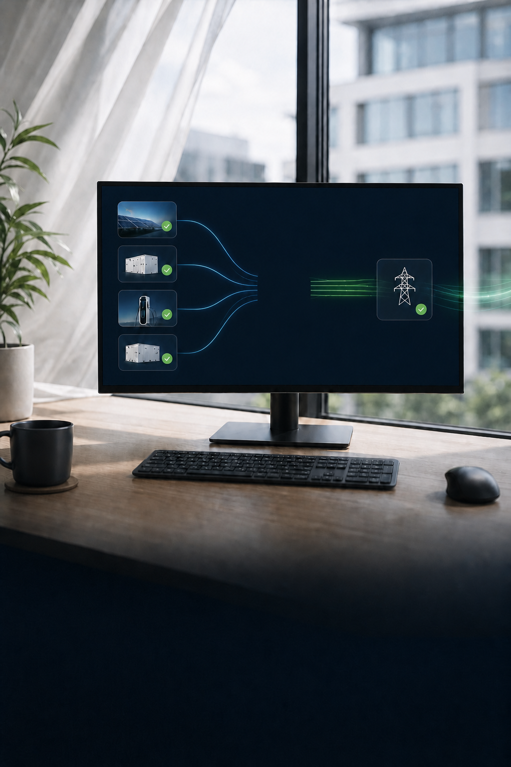 The Edgenesis platform quietly connects and qualifies multiple energy sites from an unattended, daylight-filled office dashboard.