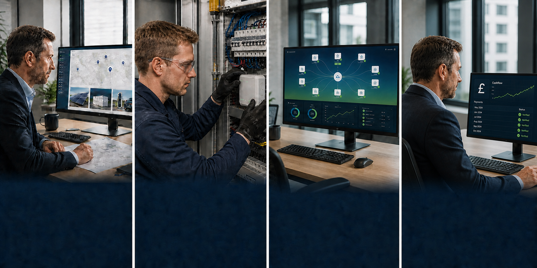 Four realistic scenes show an installation company owner selecting a site, a younger field installer mounting one gateway, the unattended Edgenesis platform handling activation automatically and the installer boss reviewing monthly cashflow alone in his office.