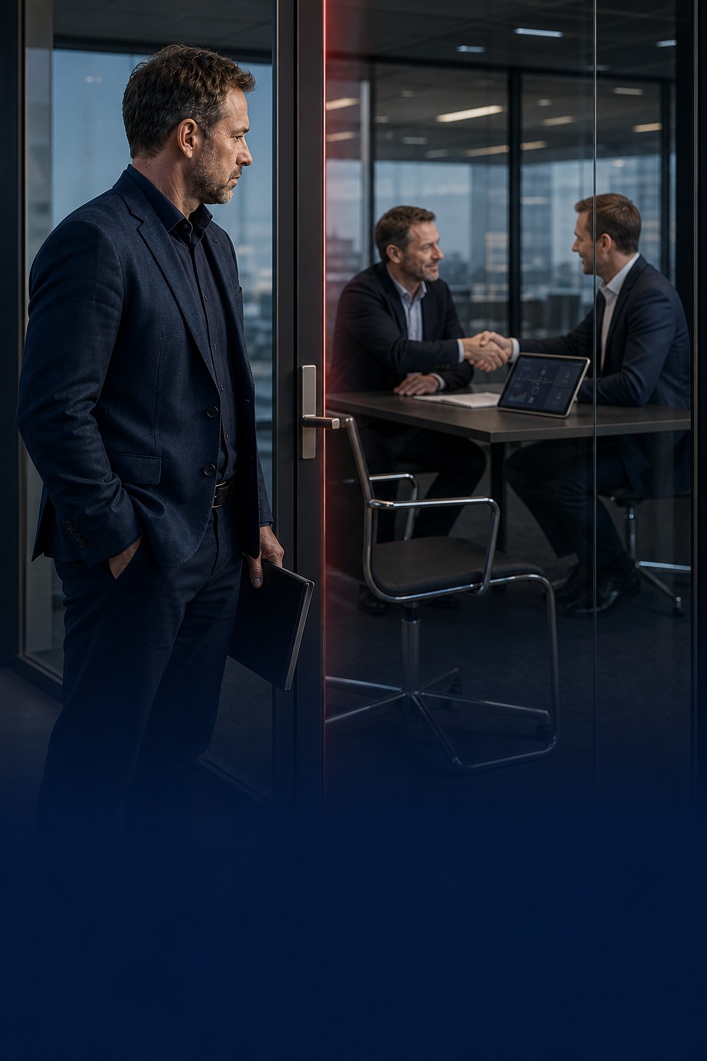 An installation company owner stands excluded outside a closed glass boardroom while his customer shakes hands with a platform representative.