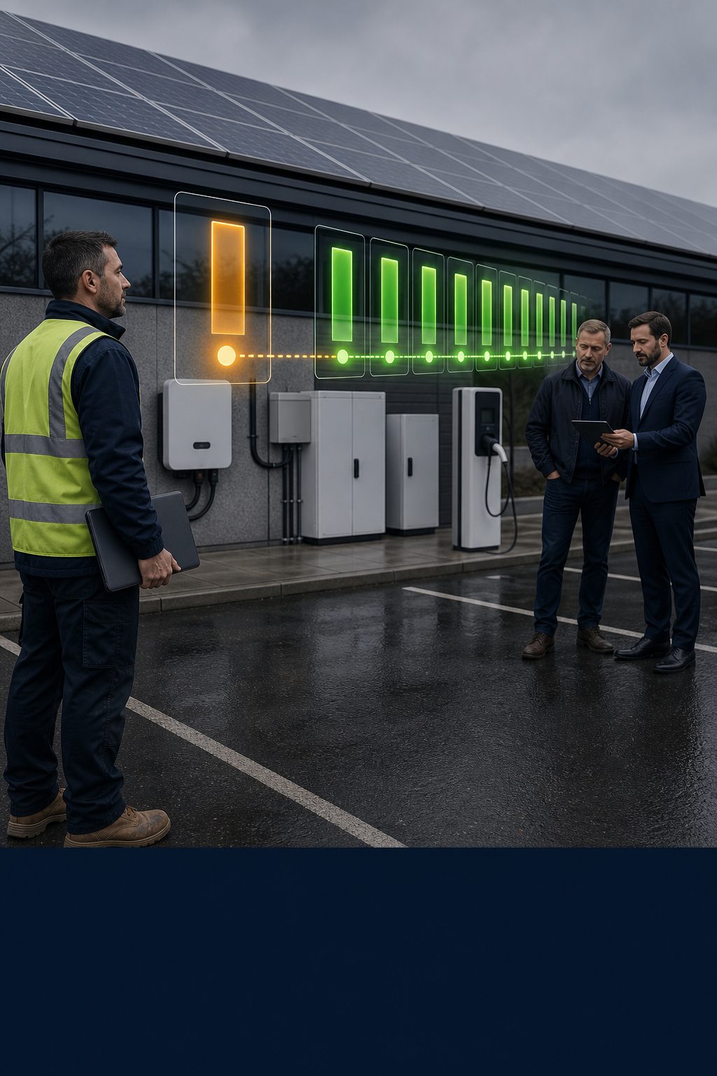 A male installer watches an asset owner review live performance while future value continues towards the energy market.